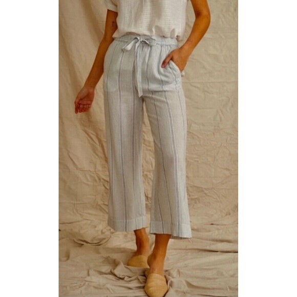 Marine Layer Aly Pants Wide Leg Linen Blend Size Small White Blue Striped - Picture 7 of 8